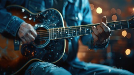 Acoustic Guitarist Playing in Dark Room with Copy Space - Close Up Shot