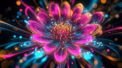 Wall Mural - this vibrant flower bursts with colors and glowing textures. it features bright pinks, blues, and or