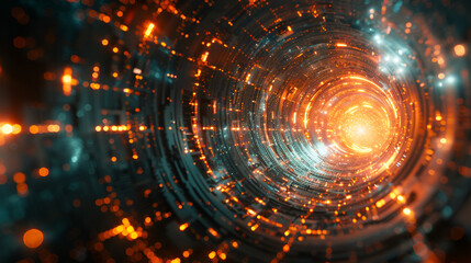 A visual representation of a futuristic cyber tunnel with digital data speeding towards a bright light at the end.