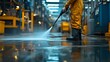 © Paul - Worker operating a high-pressure washer on a factory floor, water jets shooting out in forceful arcs, capturing the raw energy of cleaning