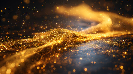 Abstract luxury golden glitter effect shines on dark brown background with light effect.