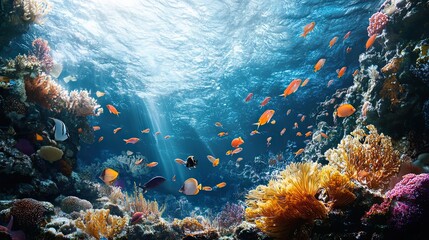 Canvas Print - Underwater Scene with Coral Reef, Colorful Fish, and Sunlight Beams