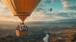 © Irina Ukrainets - A vibrant hot air balloon floats above a picturesque landscape at sunset. This image captures adventure and freedom. Perfect for travel and leisure themes. AI
