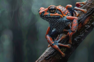 A vibrant tree frog perched gracefully on a mossy branch in a lush, tropical rainforest