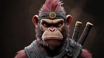 A fierce-looking monkey warrior with a spiky red mohawk and swords