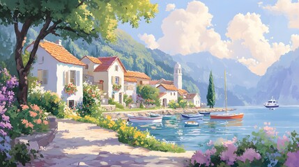 Seaside village with vividly painted homes, tranquil harbor boats, and lush flower gardens, all under a golden sunset glow