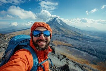 Canvas Print - A person standing on the summit of a mountain, taking a photo with a smartphone