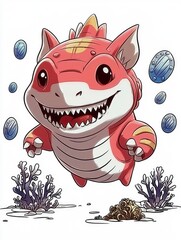 Sticker - Cute Cartoon Red Fish Monster with Big Teeth in Underwater World