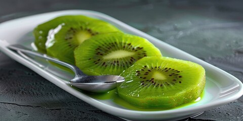 Wall Mural - Sliced Kiwi Fruits with Spoon on White Plate one Halved Kiwi Tinted