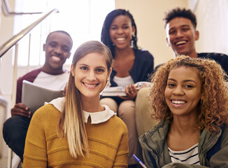 Aufkleber - Happy, portrait and group of friends at university for education, learning or open day. Smile, people and young students on steps at college campus studying for academic scholarship admission test.