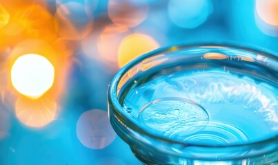 Poster - Blue liquid in a glass dish with blurred lights in the background. AI.