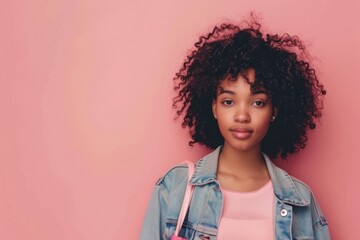 Sticker - A young woman with curly hair is wearing a pink top and denim jacket