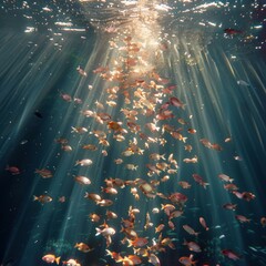 Canvas Print - A school of fish swims through a beam of sunlight in the water. AI.