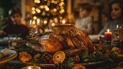 Wall Mural - A roasted turkey sits on a table surrounded by festive decorations. AI.