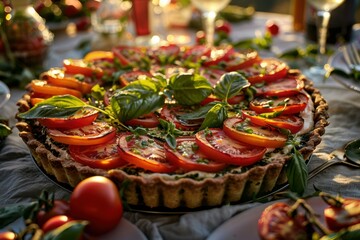 A delicious tomato tart with fresh basil leaves. AI.