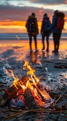 Wall Mural - A bonfire crackles on the beach as three figures stand in the distance, silhouetted against the setting sun. AI.