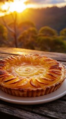 Poster - A citrus tart on a wooden table with a blurred sunset background. AI.