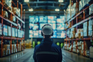 Wall Mural - A person wearing a hard hat and other safety gear works in a warehouse