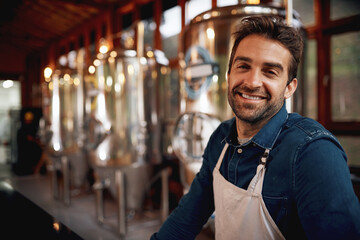 Wall Mural - Portrait, industry and man brewer in supplier for quality control, manufacturing or production. Happy, job and business owner with machine for beer fermentation in factory for oktoberfest in Munich