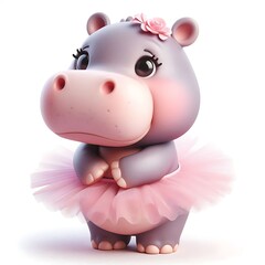 Wall Mural - 3D Playful Hippo Ballerina in Pastel Tutu, Whimsical and Charming Cartoon