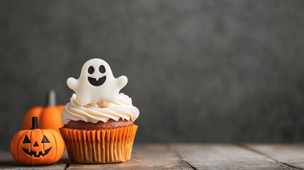 Delightful Halloween cupcake featuring a spooky ghost decoration and festive pumpkin backdrop, perfect for festive celebrations.