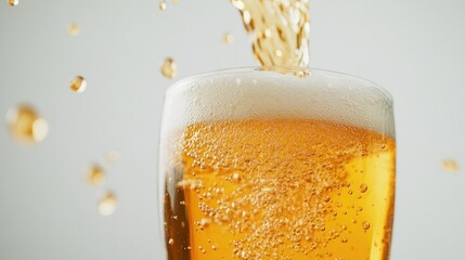 A close-up of a beer being poured into a glass, with golden liquid and frothy bubbles splashing over the rim against a light background.