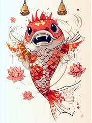 Sticker - Vibrant Koi Fish with Lotus Flowers and Bells