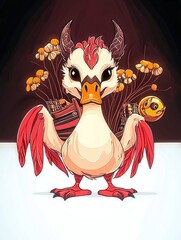 Sticker - Cartoon Duck with Red Feathers and Horns