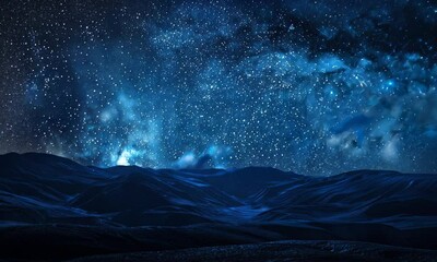 A starry night sky over a serene dark blue mountain landscape with mystical glow