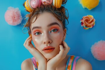 Wall Mural - A woman poses for a photo, showcasing her vibrant makeup look