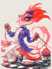 Sticker - Anthropomorphic Lizard in a Suit Holding Flowers