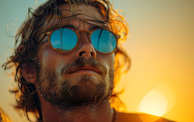 Man in yellow shirt with beard and sunglasses on summer sunset 