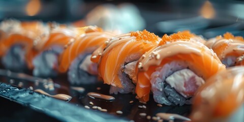 Wall Mural - Grilled salmon sushi roll from Japanese cuisine