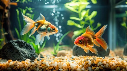 Two goldfish swimming in a fish tank