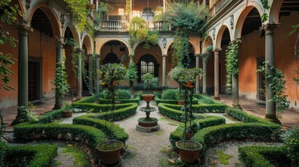 Poster - A serene courtyard with lush greenery and a central fountain, perfect for a peaceful atmosphere