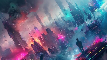 Wall Mural - Futuristic Cityscape with a Lone Figure