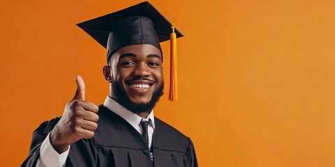 Poster - Celebrating Educational Success Black Graduate Giving Thumbs Up Against Orange Background. Concept Educational Success, Black Graduate, Thumbs Up, Orange Background, Celebrating