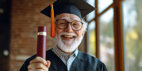 Wall Mural - Portrait photo of happy senior graduated university student after received certificated diploma. Education and elder people concept