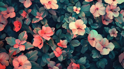 Wall Mural - A cluster of pink flowers surrounded by green leaves