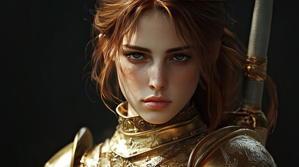 Poster - Close-up Portrait of a Female Warrior in Golden Armor