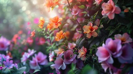 Wall Mural - A bouquet of colorful flowers growing amidst lush green grass