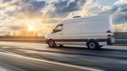 Wall Mural - White modern delivery small shipment cargo courier van moving fast on motorway road to city