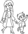 © Edwart_1980 - Ilustración vectorial  en blanco y negro de una madre caminando junto con su hijo saludando la madre lleva un sobre en su mano.