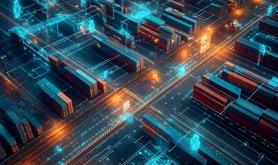 Fototapete - Global Logistics Network Visualized as Interconnected Digital Nodes with AI-Driven Risk Assessment, Futuristic and Interconnected Design, Photo Realistic