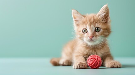 Sticker - A cute orange kitten with a ball of yarn.