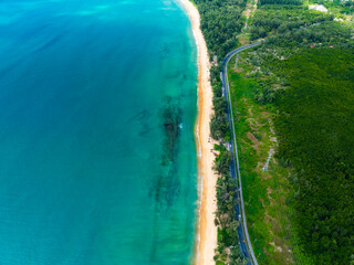 Beautiful sea summer landscape, Waves sea water surface High quality video Bird's eye view, Drone top view waves crashing on sand beach,Nature ocean sea beach background