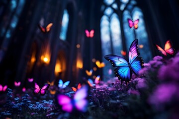 Neon Butterflies Swirling in a Mystical Gothic Cathedral at Night