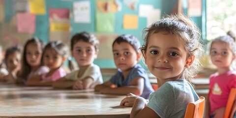 Canvas Print - A group of children are sitting at a table in a classroom 