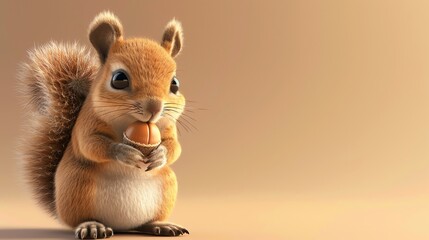 Poster - A cute cartoon squirrel is sitting on a brown background and holding a nut.