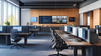 Modern Hybrid Office Environment with Seamless Integration for In-Office and Remote Workstations, Dynamic and Connected Design